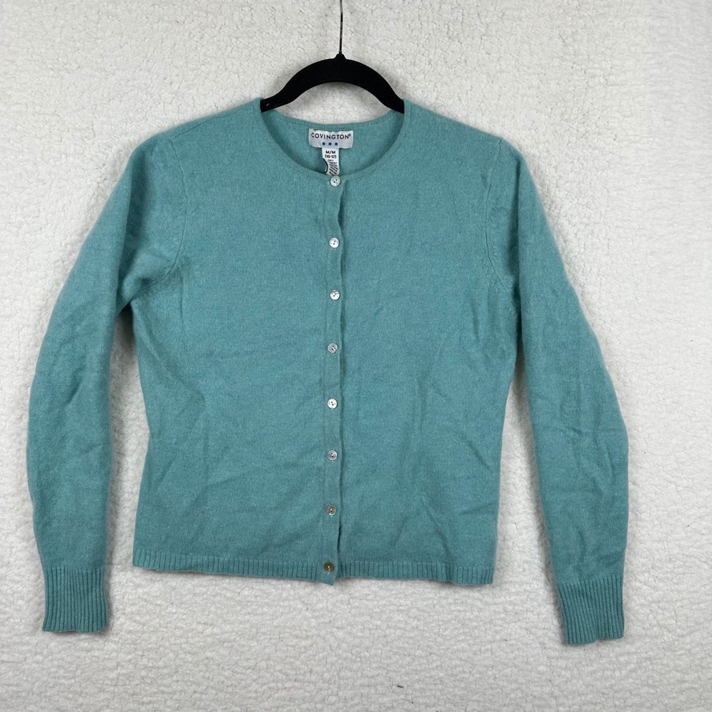 Covington Womens 100% Cashmere Crewneck Cardigan Sweater Teal Blue Size Medium